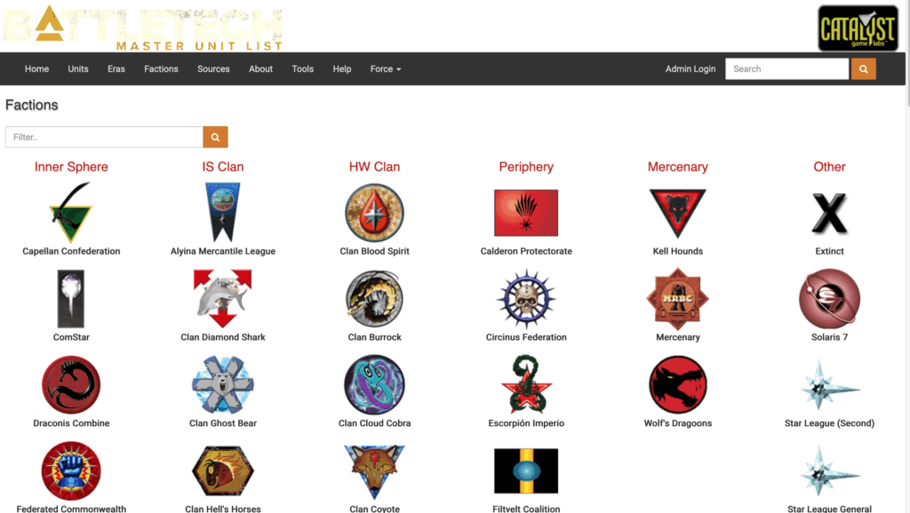 Fraktionsauswahl in der Master Unit List - Listet alle Einheiten auf welche von der ausgewählten Fraktion genutzt wurden