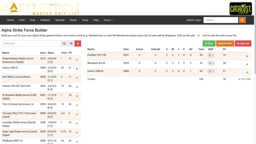 Master Unit List Force Building