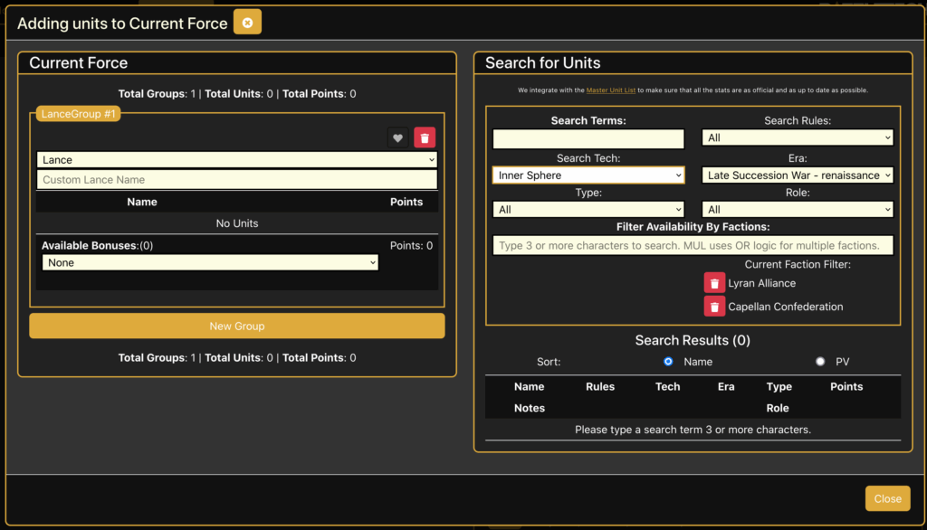 Alpha Strike Force Builder mit Filterun nach Ära und Fraktion. Hier im Beispiel der 4. Nachfolgekrieg und Cappelannische Konförderation und Lyrische Allianz