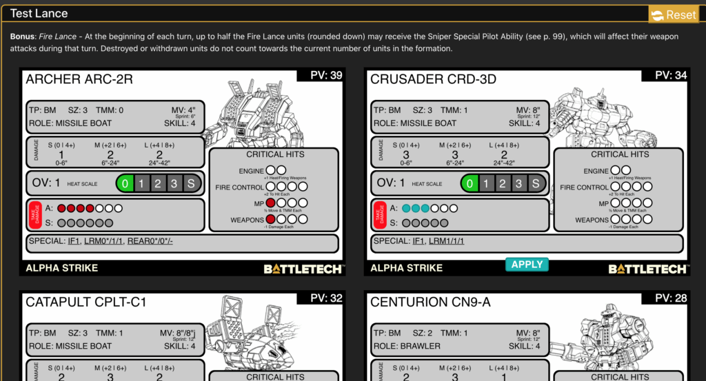 Play Mode: Die kritischen Treffer Motive und Weapons wurden schon zugerodnet. Damit hat sich autoamtisch der TMM, Die Bewegungsreichweite und die Waffenschadensangaben aktualisiert.