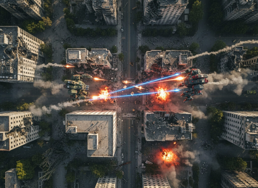 Kampf von BattleMechs in einem Stadtgelände