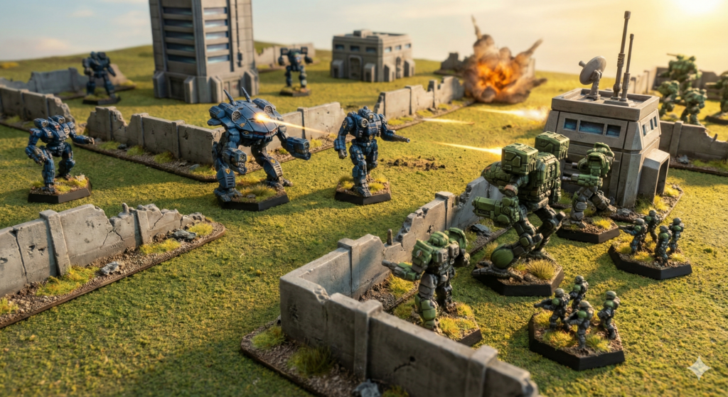 Die Schlacht um Alyina Dieses Bild bietet einen Überblick über das Schlachtfeld und zeigt die Konfrontation zwischen den angreifenden lyranischen Truppen (in Blau) und den Verteidigern von Clan Jadefalke (in Grün). Bildquelle: KI -generiert Gemini 3