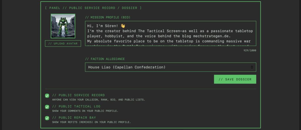 Thetacticalscreen Profile Settings